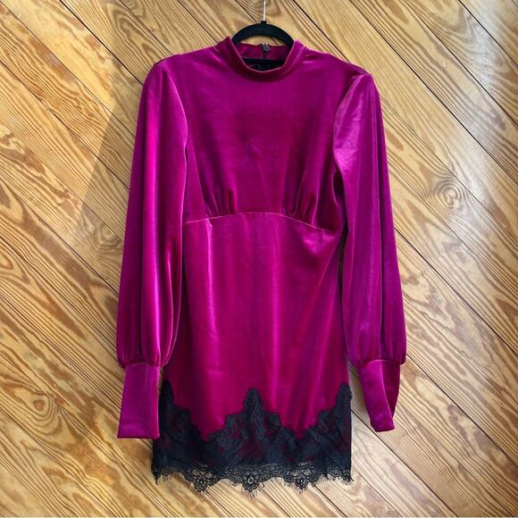 ASOS Velvet Balloon Sleeve Lace Insert Mini Dress - Picture 3 of 6